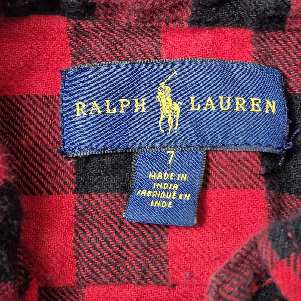 Ralph Lauren Boys 7 Flannel Shirt Red Black Buffalo Plaid Button Down Cotton